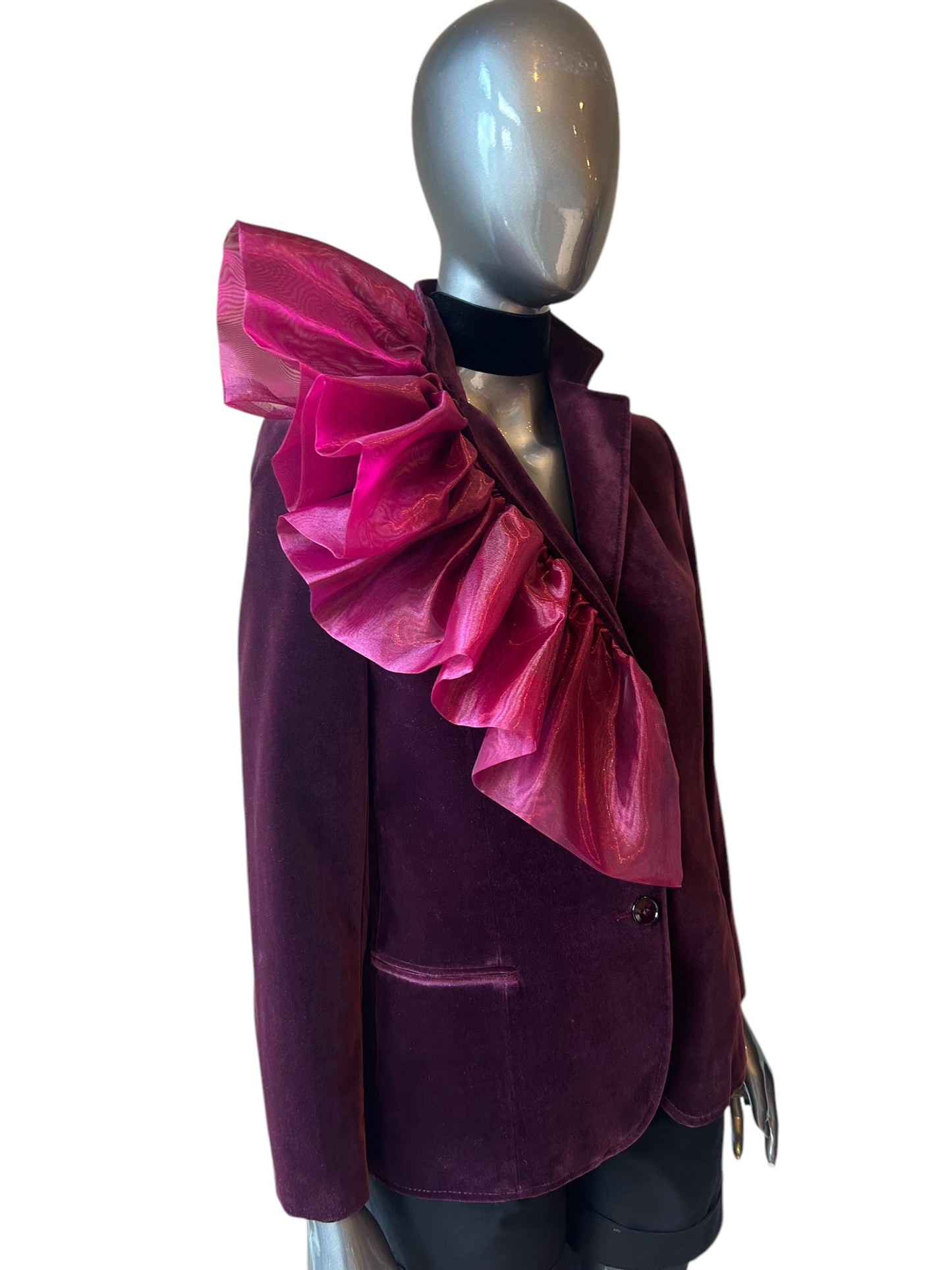 Vintage Burgandy 70s Organza Frill Velvet Blazer