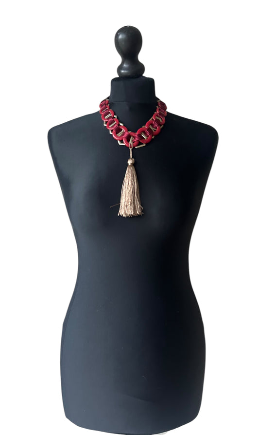 Artisanal red and and tassel choker necklace