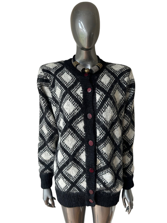 Vintage 1980s Black White Geometric Cardigan