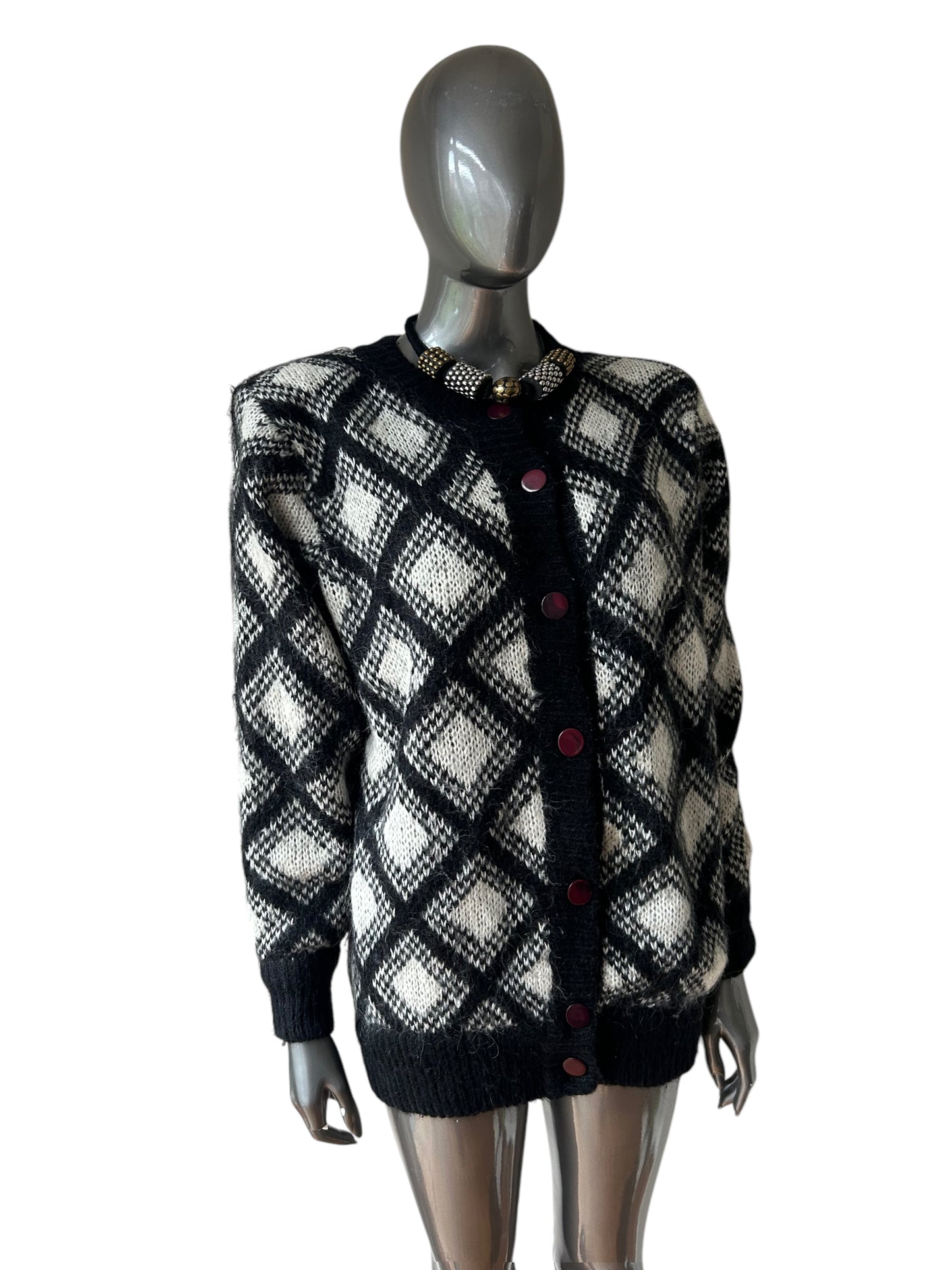 Vintage 1980s Black White Geometric Cardigan