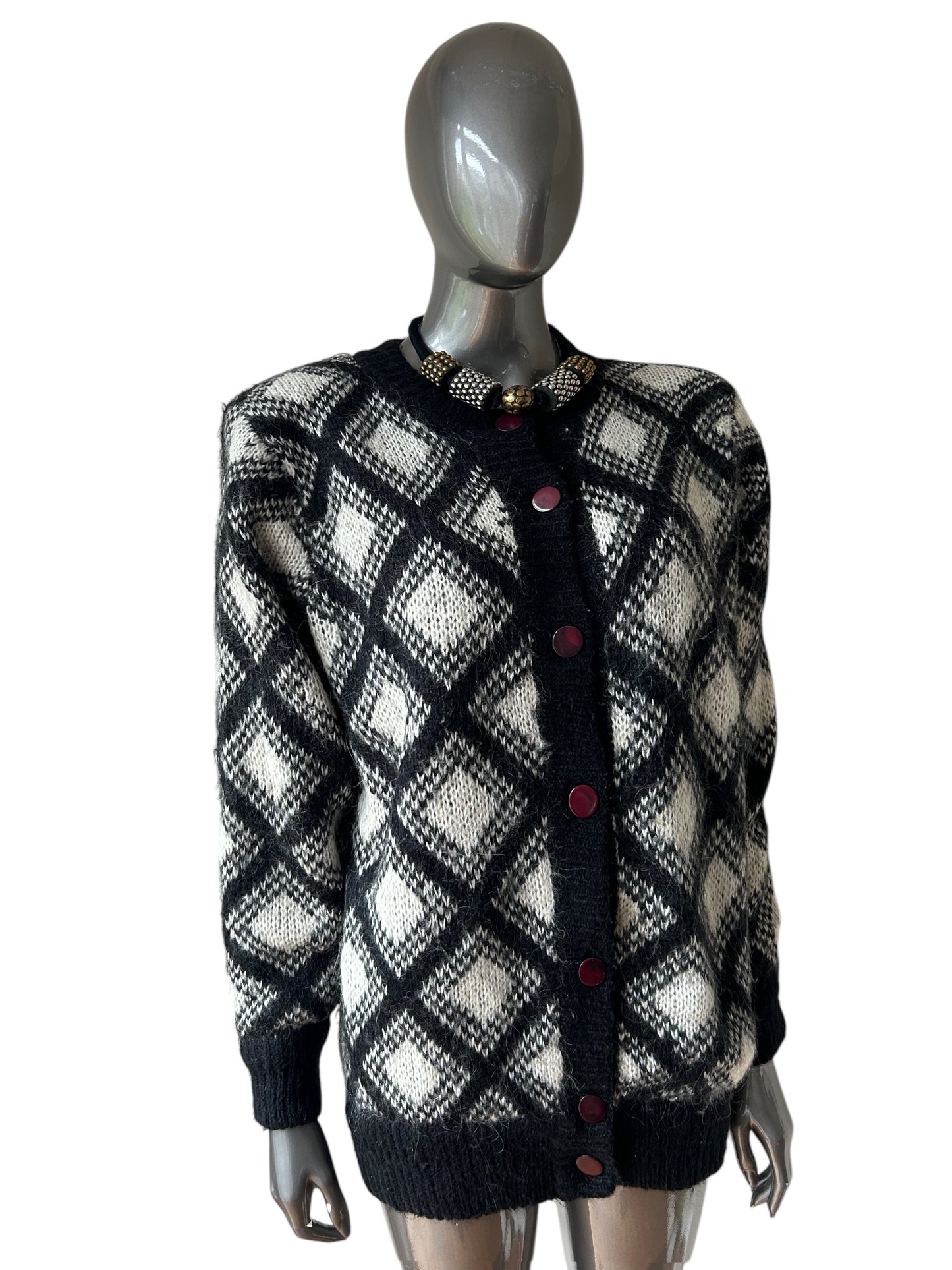 Vintage 1980s Black White Geometric Cardigan