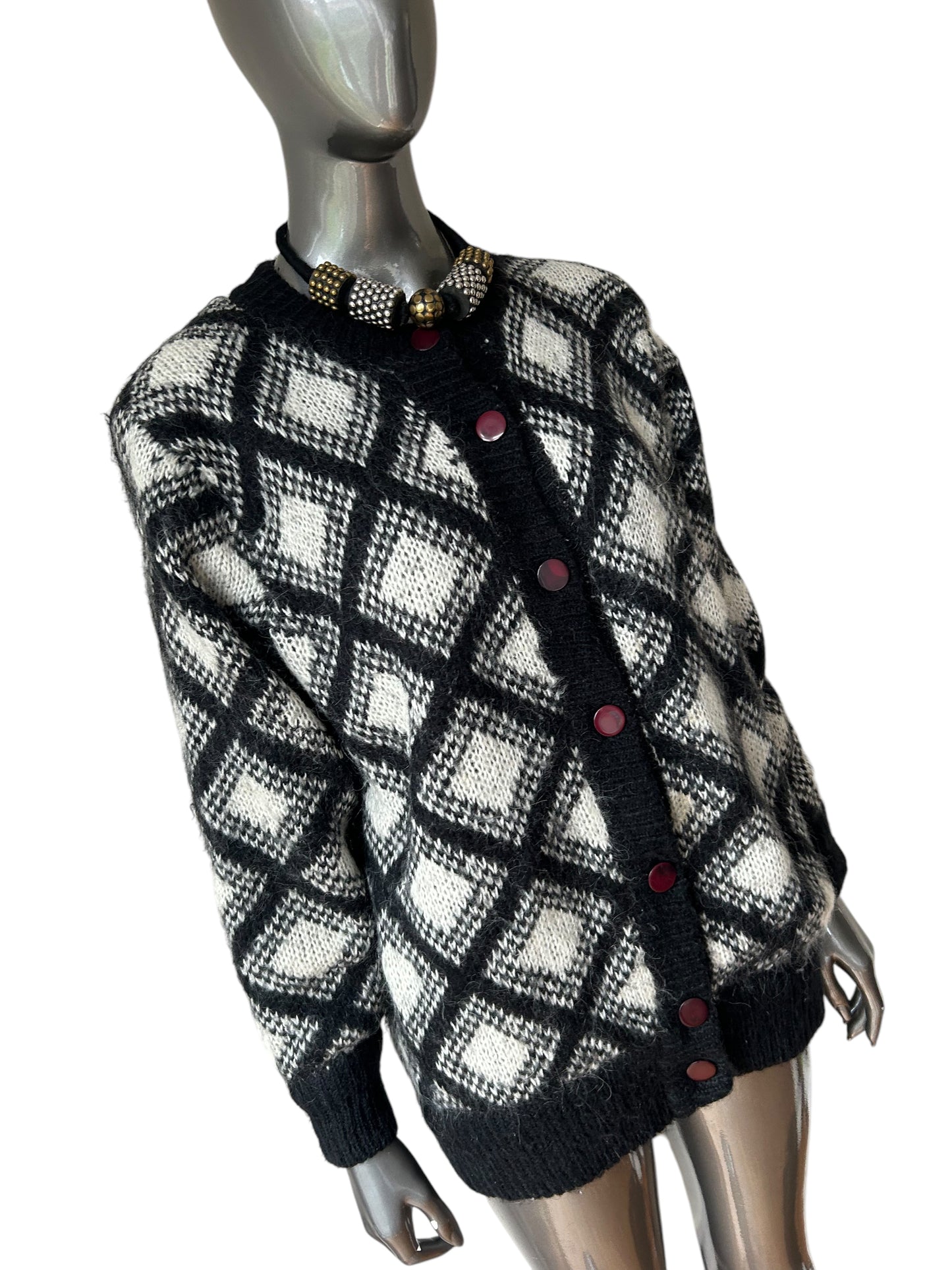 Vintage 1980s Black White Geometric Cardigan