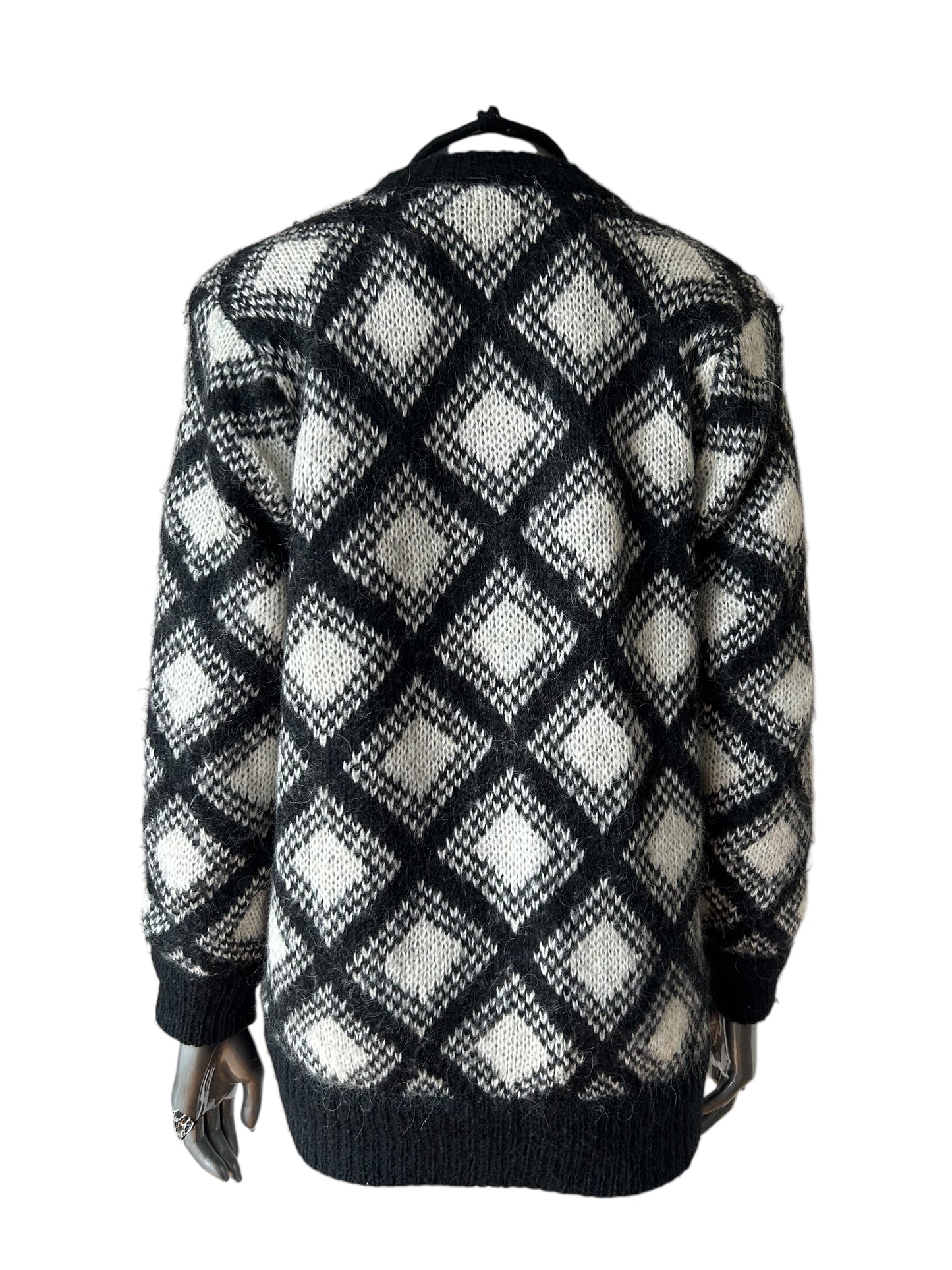 Vintage 1980s Black White Geometric Cardigan