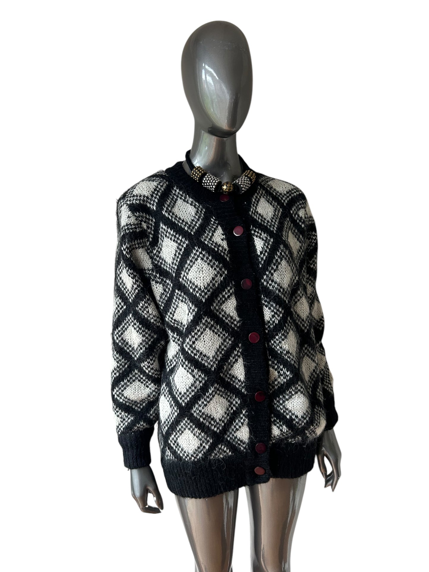 Vintage 1980s Black White Geometric Cardigan