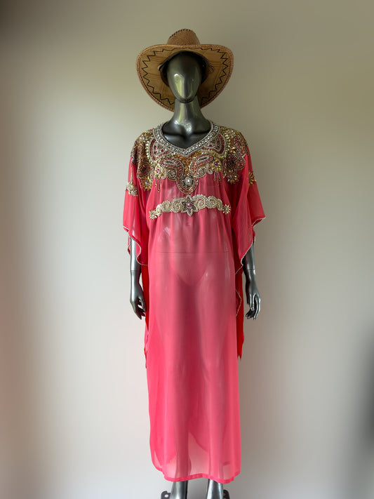 Vintage 1980s Jewelled Pink Chiffon Kaftan SALE