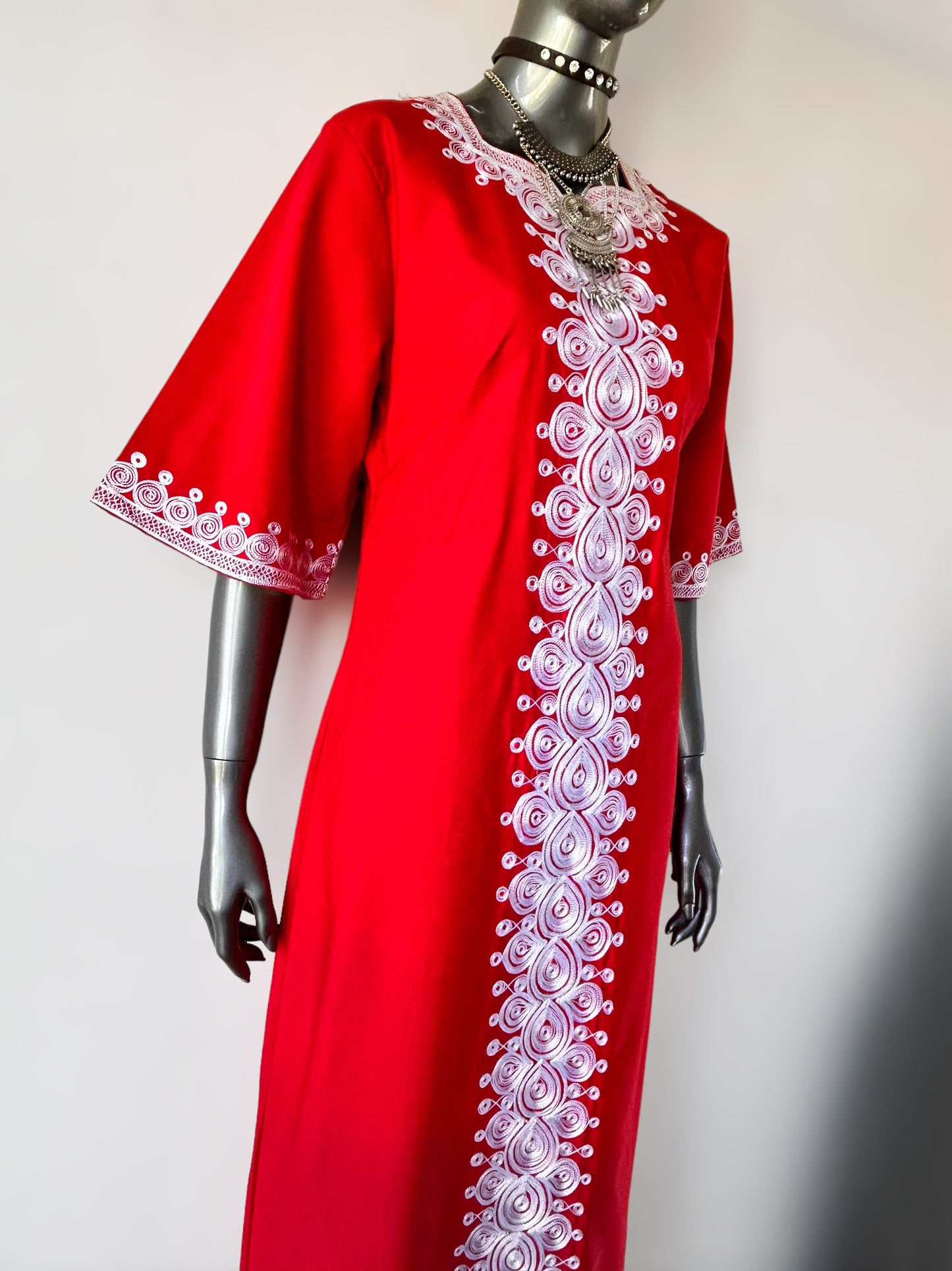 Vintage 1970s Red Cotton Embroidered Kaftan